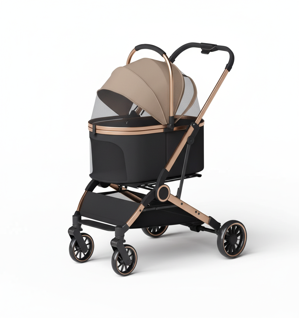 Black and rose gold pet stroller with mesh canopy and four wheels, by Petopop, side view showing foldable frame and carry bag attachment