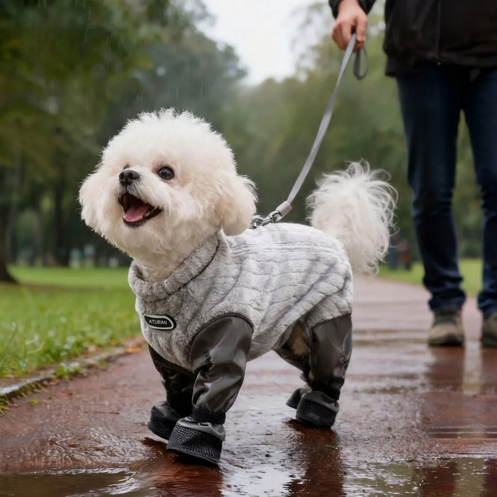 防水ドッグブーツパンツ(サスペンダー付き)、PetoPop製、グレーのフリース裏地と黒の防水パンツ付き