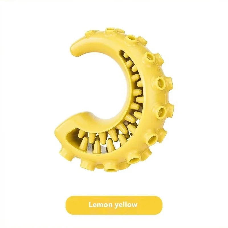 レモンイエローのTPRデンタルトイ(小中型犬用)、Petopop製、突起と溝がある半円形のおもちゃ