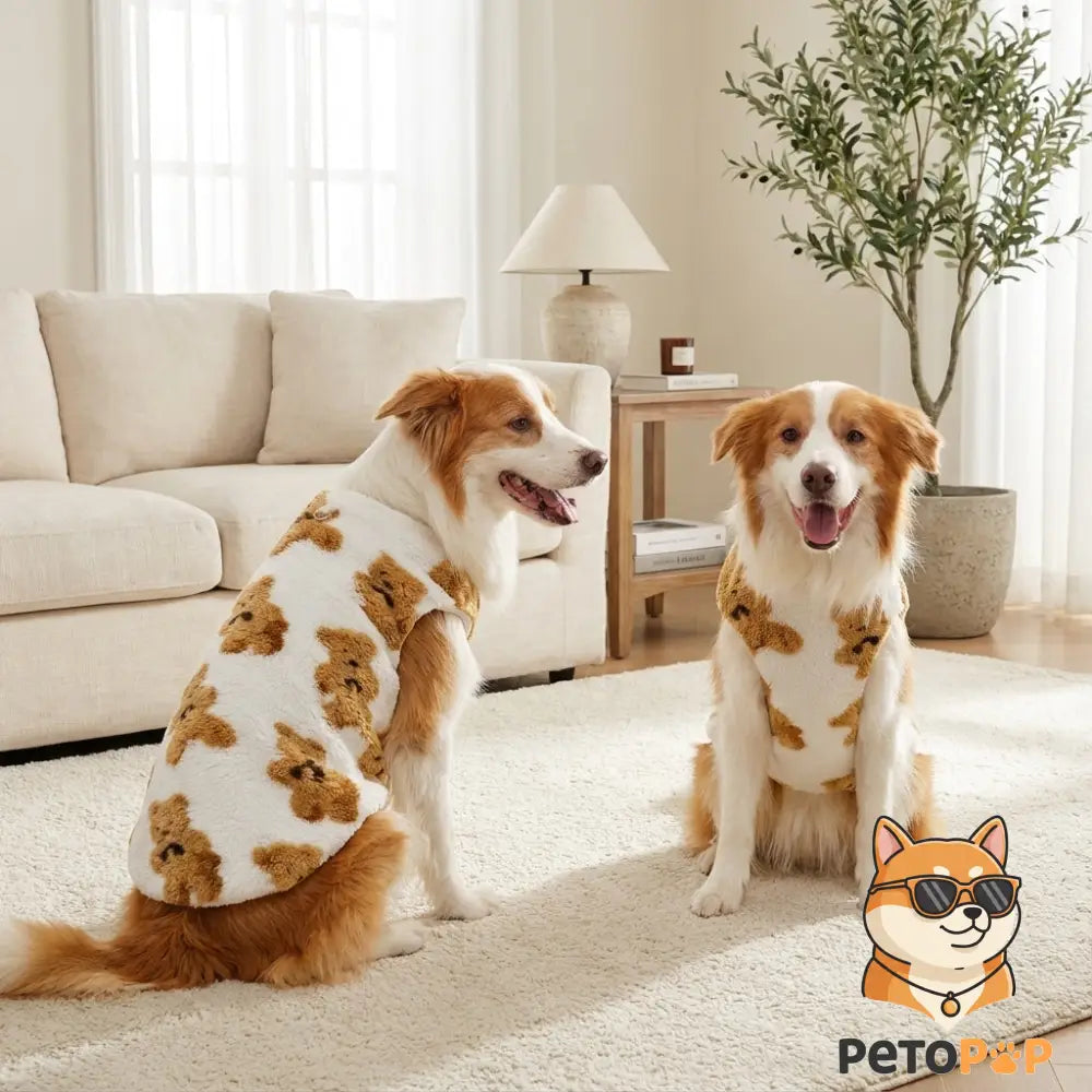 犬猫用フリースパジャマ、PetoPop製、テディベア柄、犬が着用し、リビングルームのライフスタイル画像。