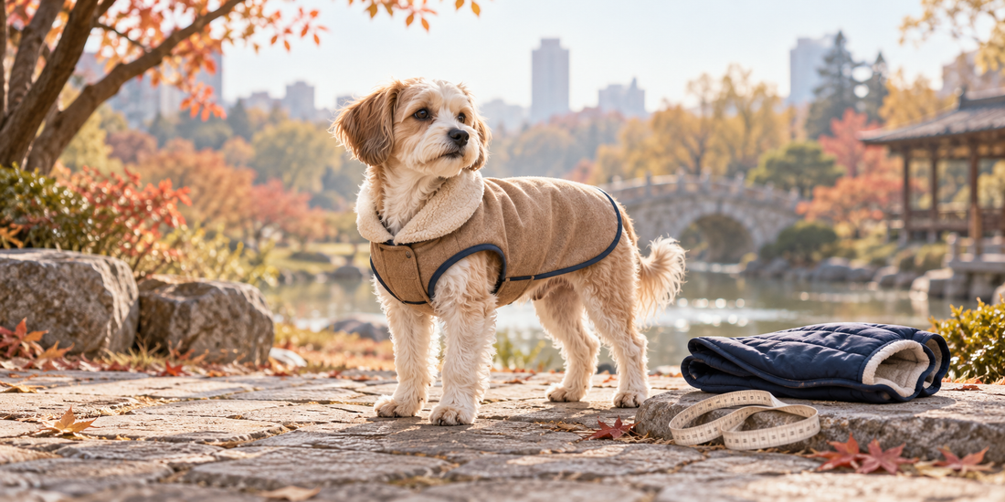 Dog wearing a winter coat beside a measuring tape in a park