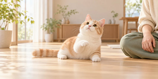 明るい室内で飼い主のそばに座り、前足を上げる茶白の猫のイラスト