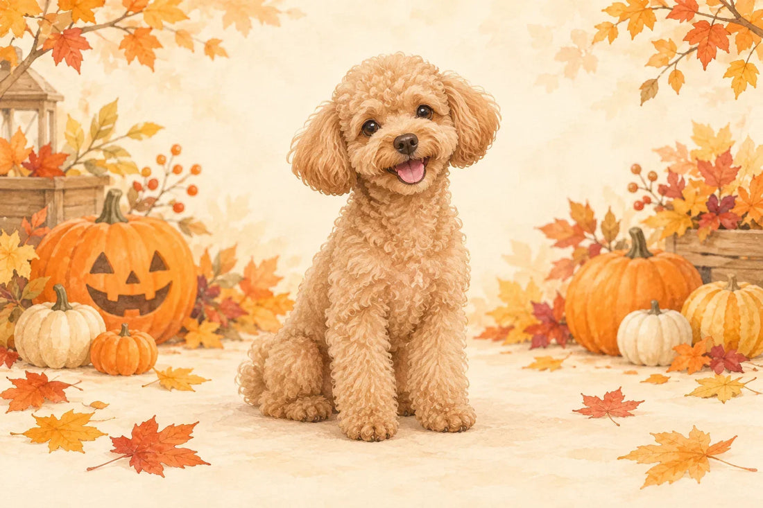Illustration of a brown dog sitting among pumpkins and autumn leaves