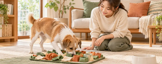飼い主が見守る室内で、犬がノーズワークマットを使ってにおい探しをする様子