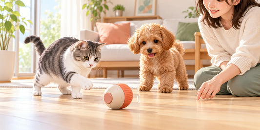 猫と小型犬が飼い主の見守りのもと室内で電動ボールに興味を示すイラスト