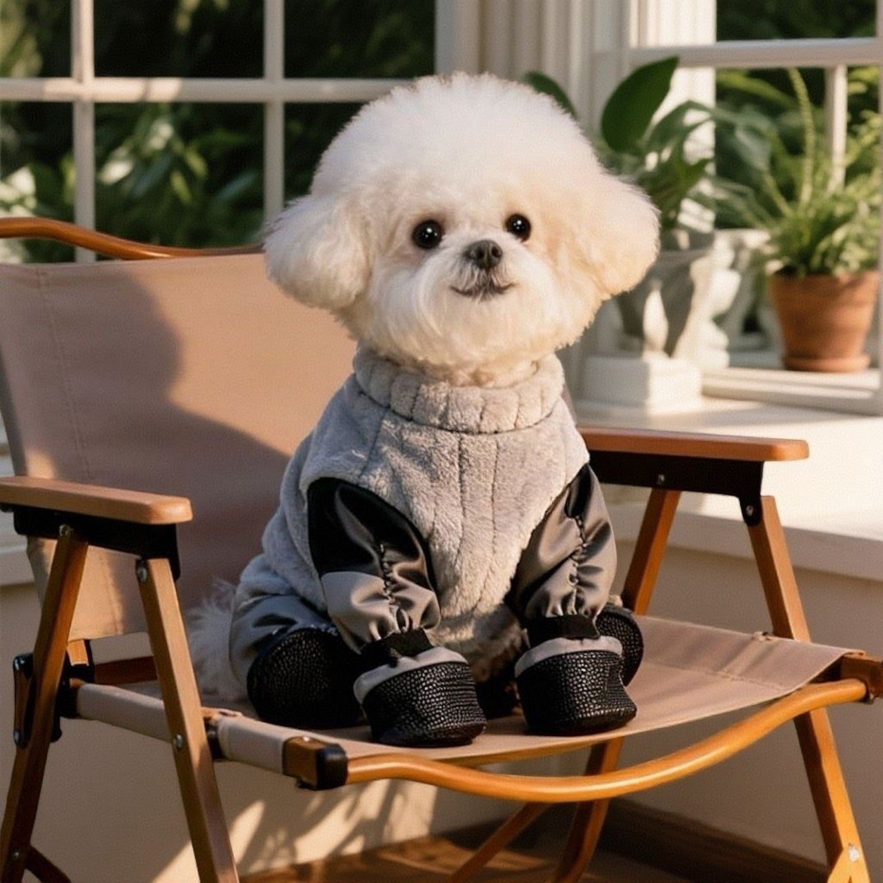 防水ドッグブーツパンツ（サスペンダー付き）、散歩後のお手入れが簡単になる一体型デザイン、無地のグレーと黒の配色。