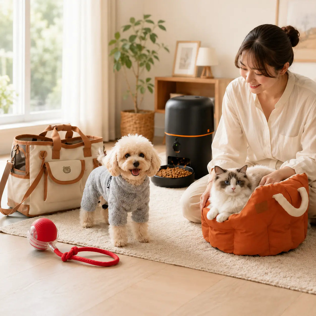 Japanese pet owner with dog and cat using premium Petopop products at home