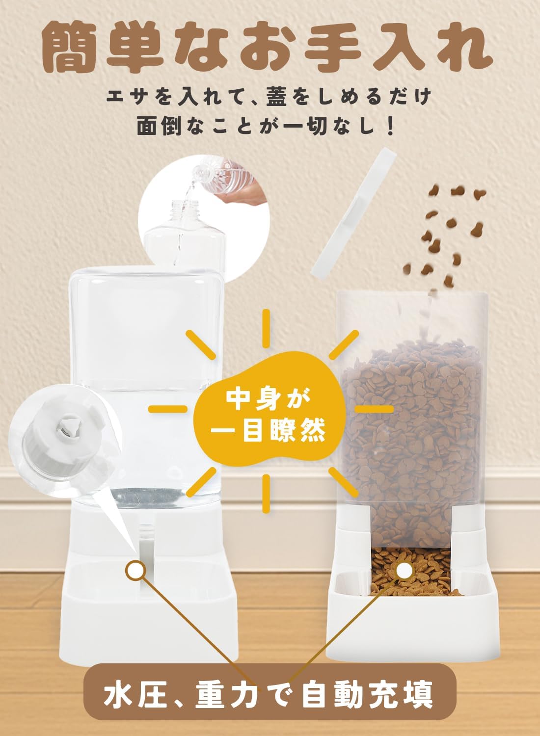 透明な自動給餌＆給水ステーション（犬猫用）、PetoPop製、中身が見やすく、お手入れが簡単なデザイン