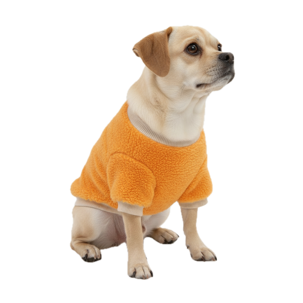 オレンジ色の犬用フリースパーカー、Petopop製、ペットが座っている様子