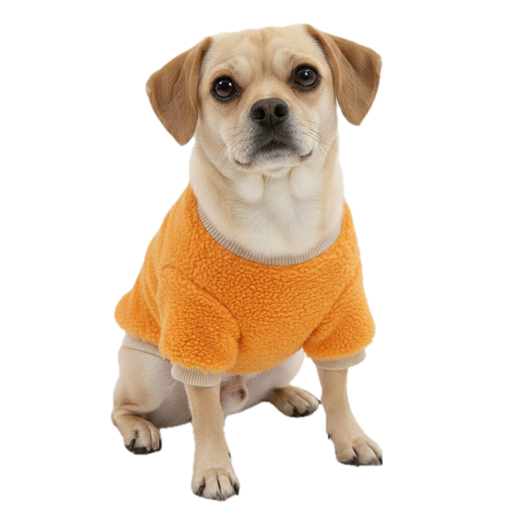 オレンジ色の犬用パーカー（Petopop製）を着用した、座っている小型犬。