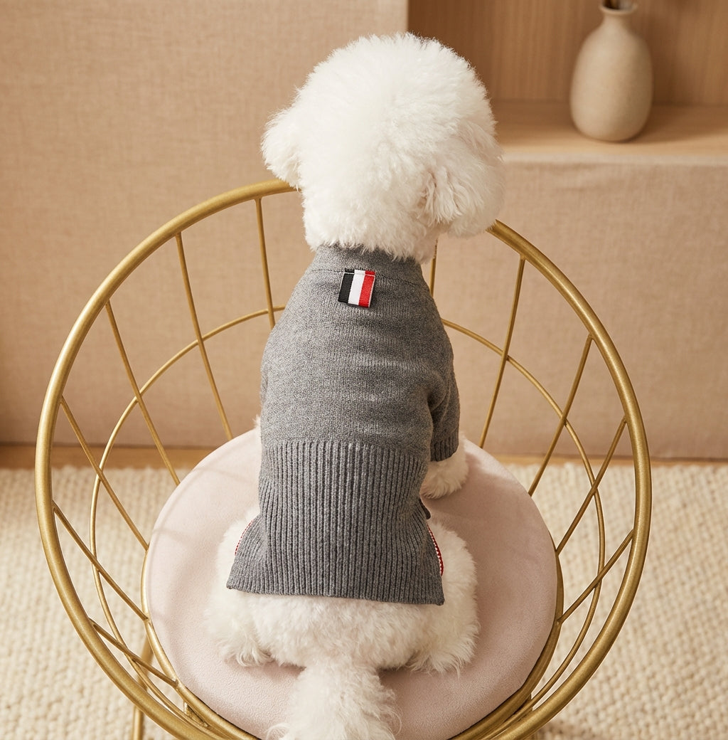 春秋冬用高弾力コアスパンヤーンを使用したプレミアムプレッピーニットカーディガン（クラシック三色ライン入り）、 PetoPop製