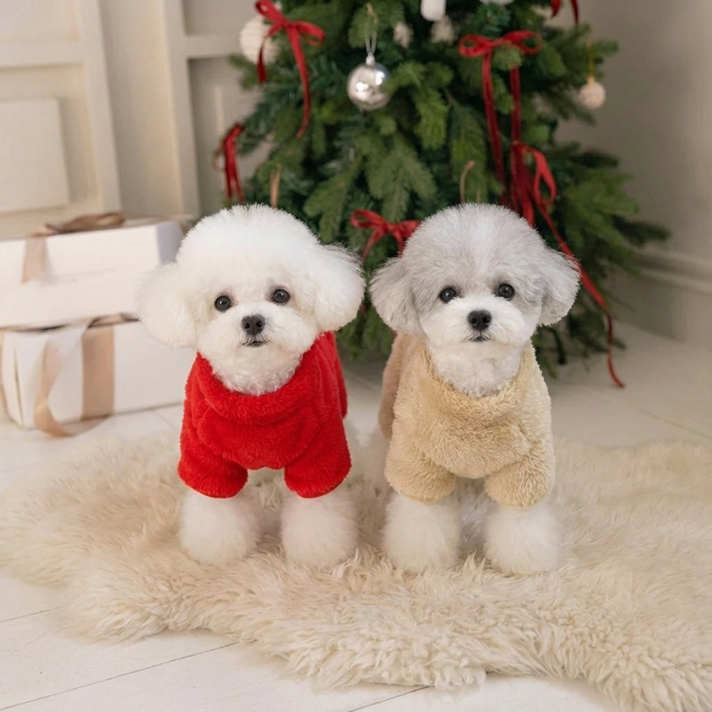 犬猫用モコモコボアのジップアップパーカー（Petopop製）、クリスマスツリーとプレゼントの横に赤とベージュのパーカーを着た犬が二匹写っている