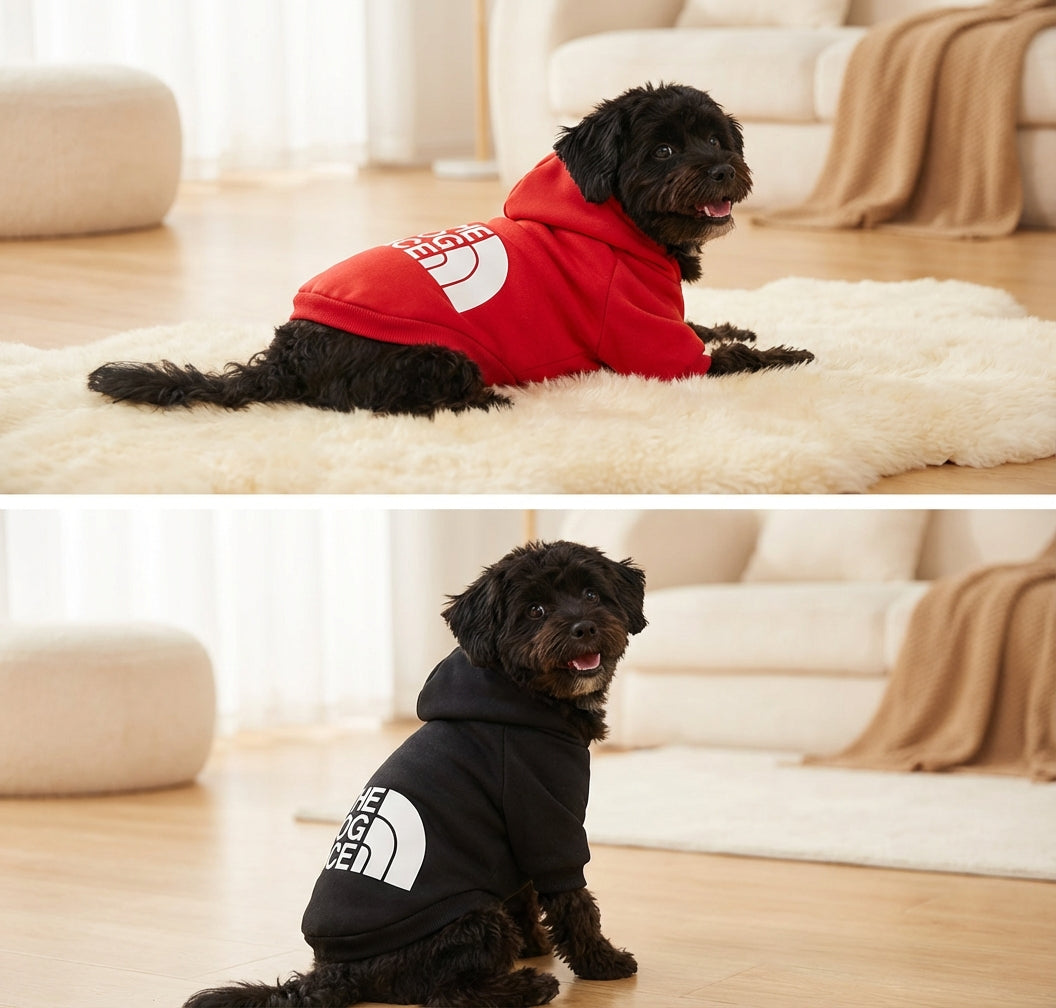 赤い犬用パーカー by PetoPop、背面にロゴ入り、黒い犬用パーカー by PetoPop、座っている犬が写っている室内ライフスタイル写真