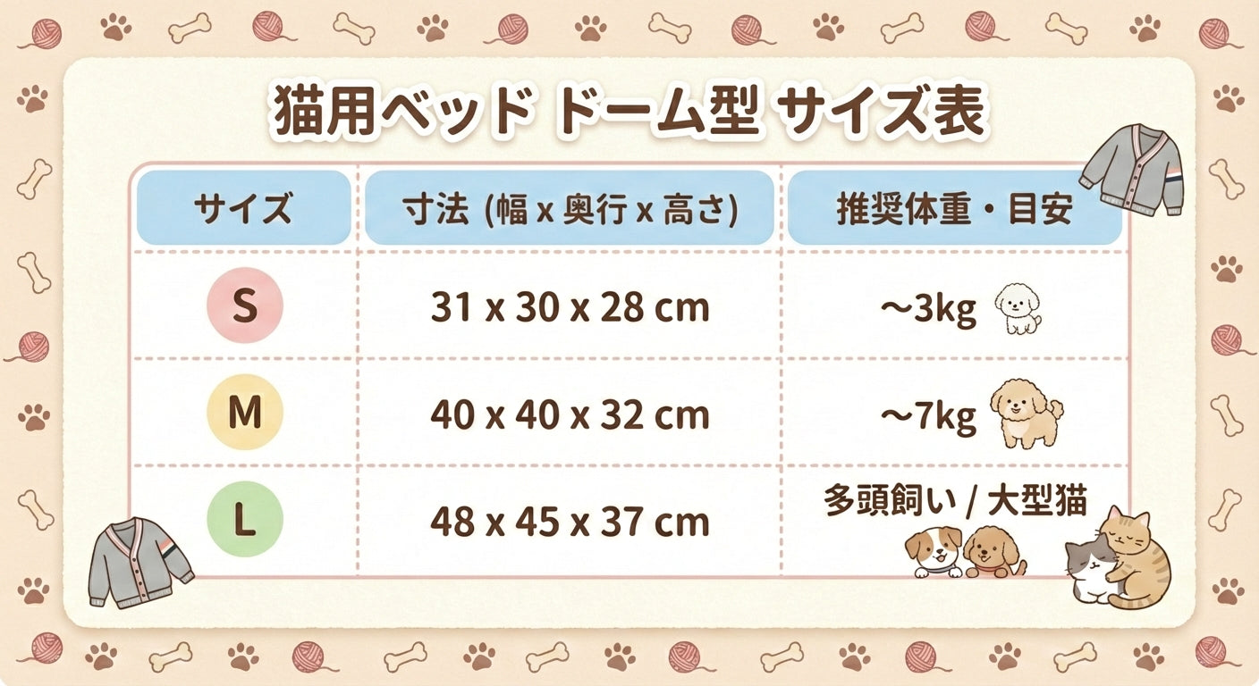 ドーム型猫用ベッドサイズ表、S・M・Lのサイズと推奨体重目安