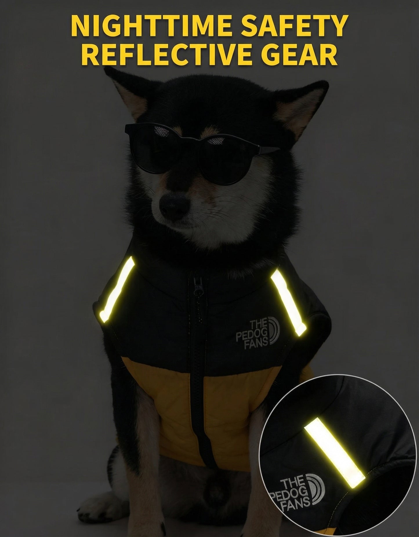 防風断熱ドッグパファージャケット（犬用ジャケット） ペットポップ製、反射ストリップ付きで黒と黄色のデザイン