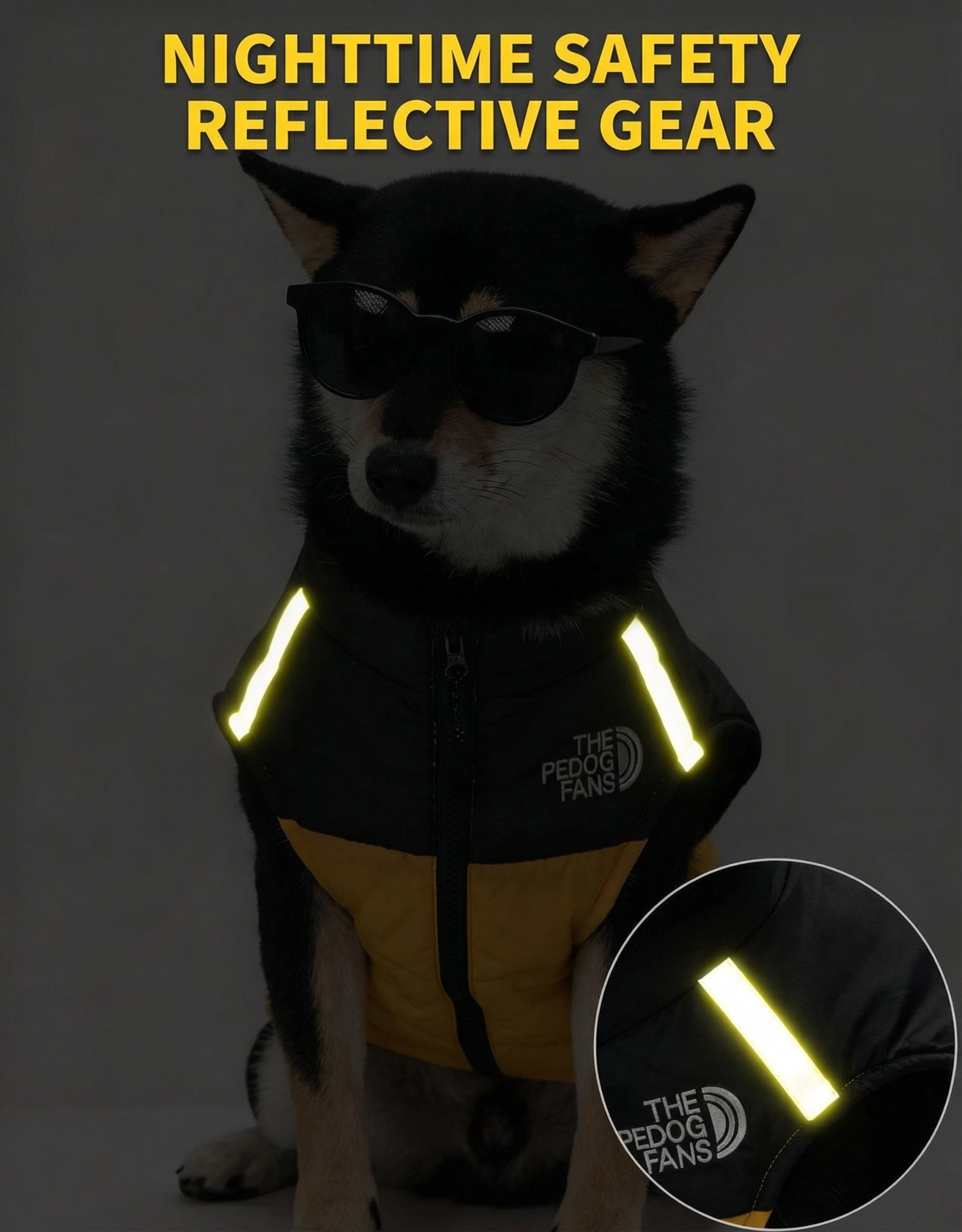 防風断熱ドッグパファージャケット（犬用ジャケット） ペットポップ製、反射ストリップ付きで黒と黄色のデザイン
