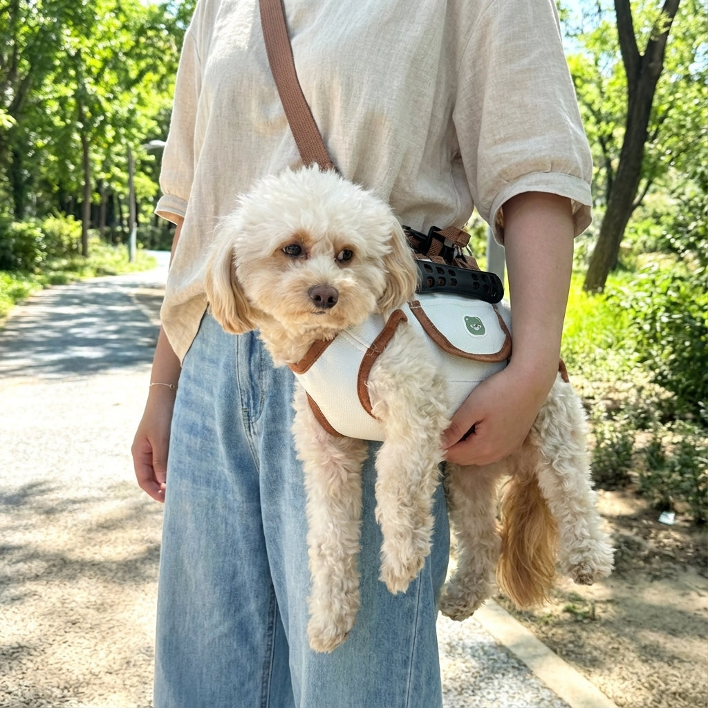 通気性の良いキャリーハーネス（PetoPop製）、犬が中に入っていて、無地のトップスとジーンズを着用した人物が持っている様子