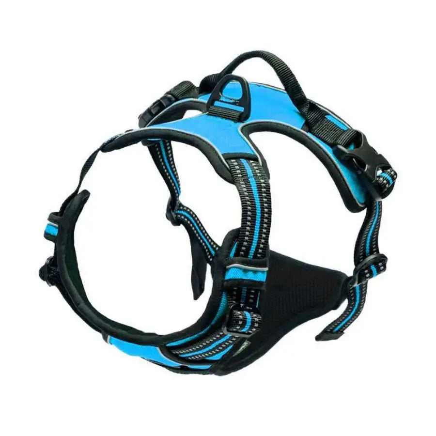 Blue and black dog harness with padded chest panel, reflective stripes, and dual safety buckle by PetoPop, shown from top view.