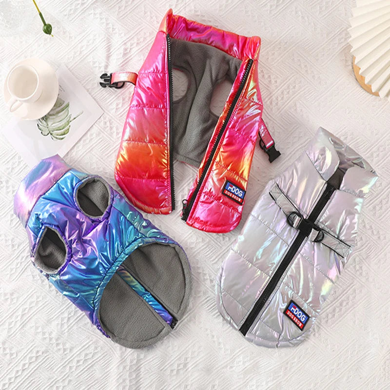 犬猫用のオーロラ色のダウンベスト（防水・裏起毛）、 PetoPop製、他アウターが並べられた俯瞰図