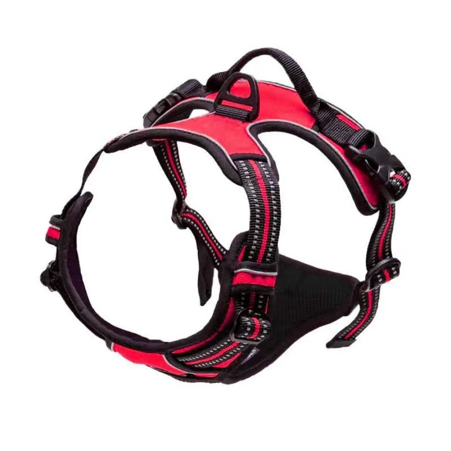 Red and black dog harness with padded mesh, reflective stripes, and dual safety buckle by PetoPop, front view on white background