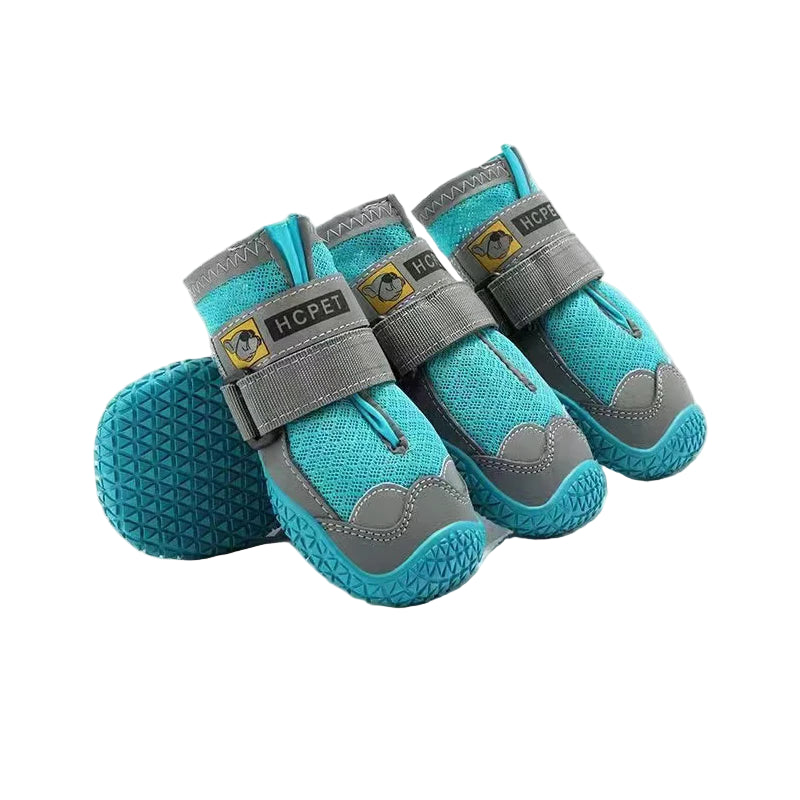 犬用防寒シューズ（裏起毛、滑り止め付）、PetoPop製、ターコイズブルーとグレーのディテール。