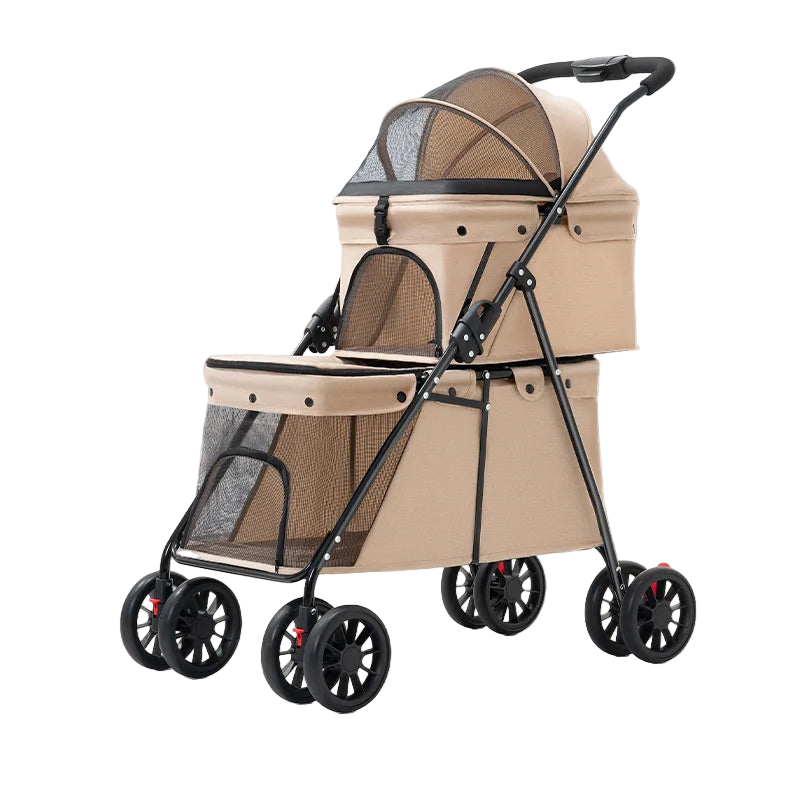 ベージュ色のペット用ベビーカー（Petopop製）、黒色のフレームと車輪付き