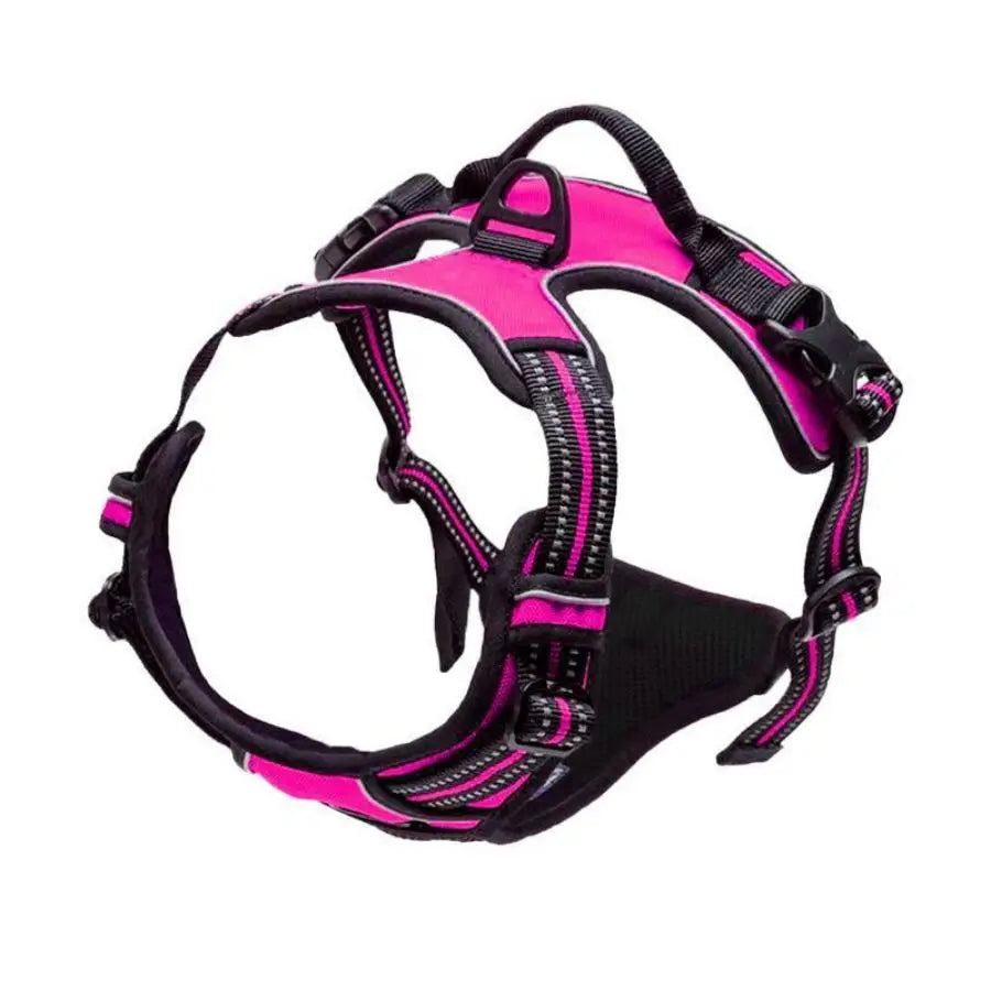 Bright pink and black dog harness with reflective stripes and dual safety buckle, by PetoPop, featuring control handle and padded straps, front view