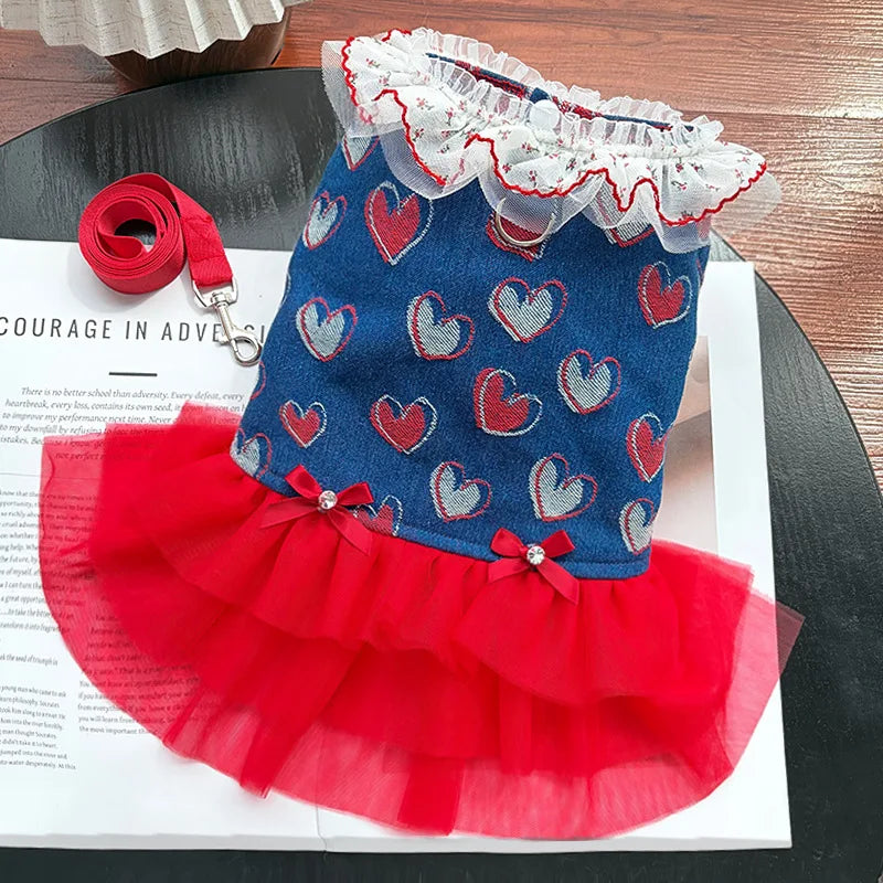 PetoPop 華やかさくらんぼ刺しゅうデニムウェア｜選べるサスペンダーワンピース＆ベスト お揃いカップルコーデ