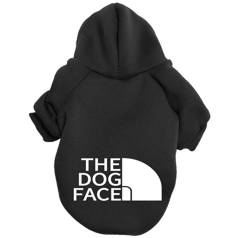 黒色のペット用フーディー（裏起毛）｜Petopop製｜前面に「THE DOG FACE」の白いロゴ入り