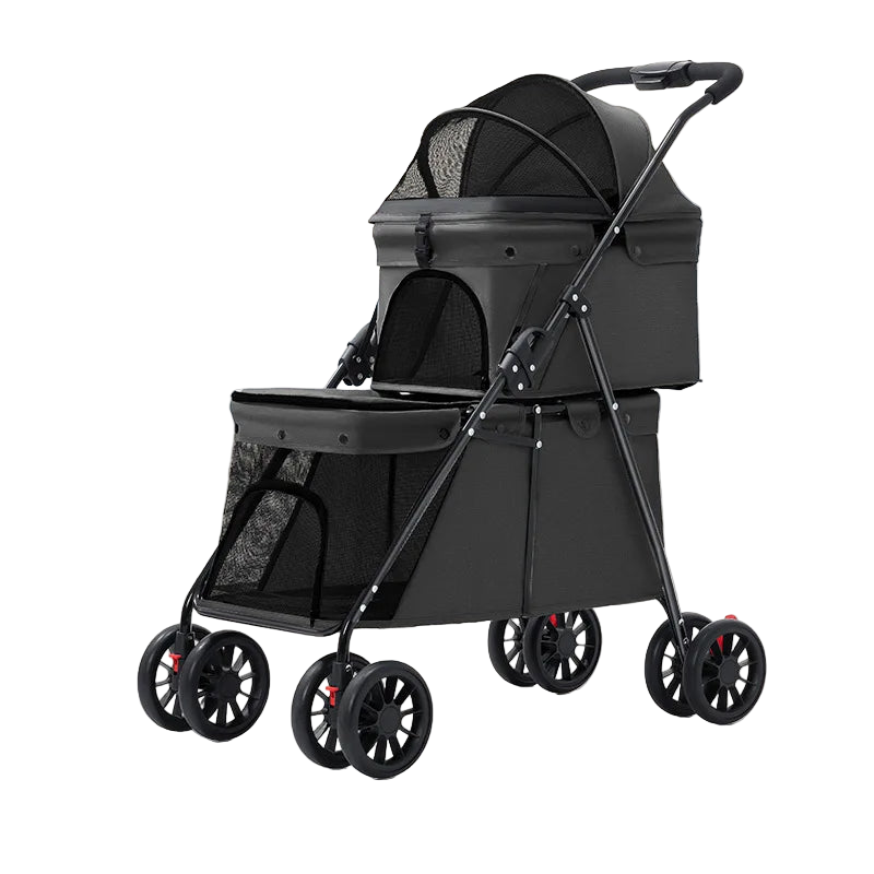 黒いペットカート、Petopop製、2段式、メッシュ窓付き