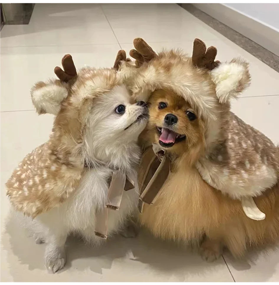 犬猫用のトナカイ変身マント（もこもこ、ツノ付き）、PetoPop製、クリスマス風コスチューム。