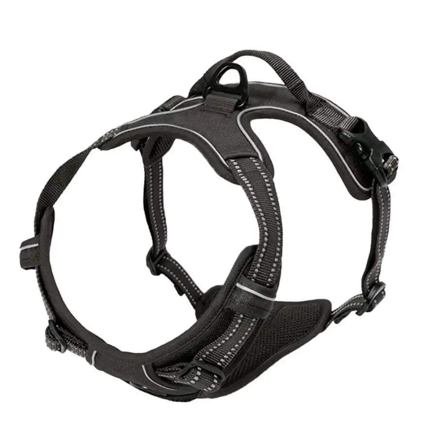 Black mesh dog harness with reflective stitching and dual safety buckle by PetoPop, top-down view showing control handle and adjustable straps
