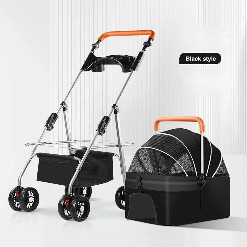 黒いペットストローラー（取り外し可能なキャリー付き）、軽量折りたたみ式、Petopop製、オレンジ色のハンドル付き