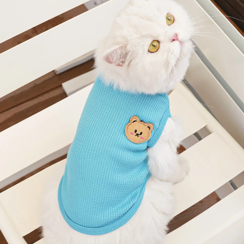 水色の猫用サマーベスト（Petopop製）、ワッフル生地、クマ柄の装飾付き