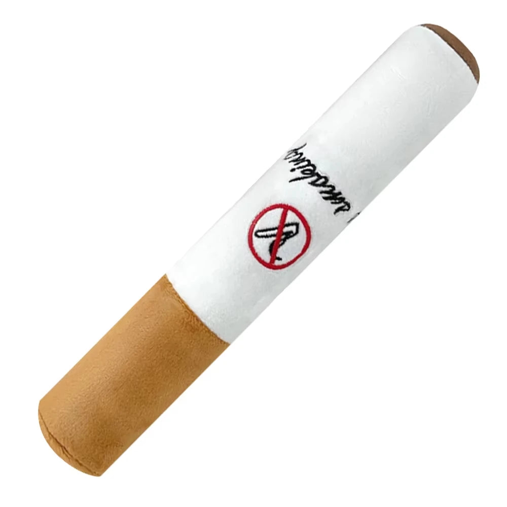 犬用シガーぬいぐるみおもちゃ（スクイーク入り）はPetopop製、禁煙マーク付き、白い本体と茶色の先端部が特徴です。