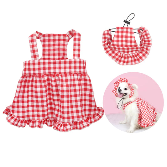 犬猫用ワンピース｜赤チェック柄 お揃い帽子セット｜春夏ペットドレス｜PetoPop