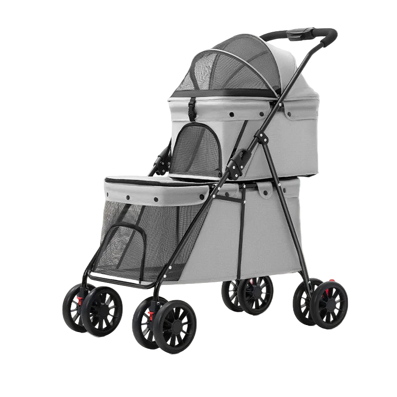 小型・中型犬猫用グレーのダブルペットストローラー（Petopop製）、片手で折りたたみ可能、2段式、メッシュ窓付き。