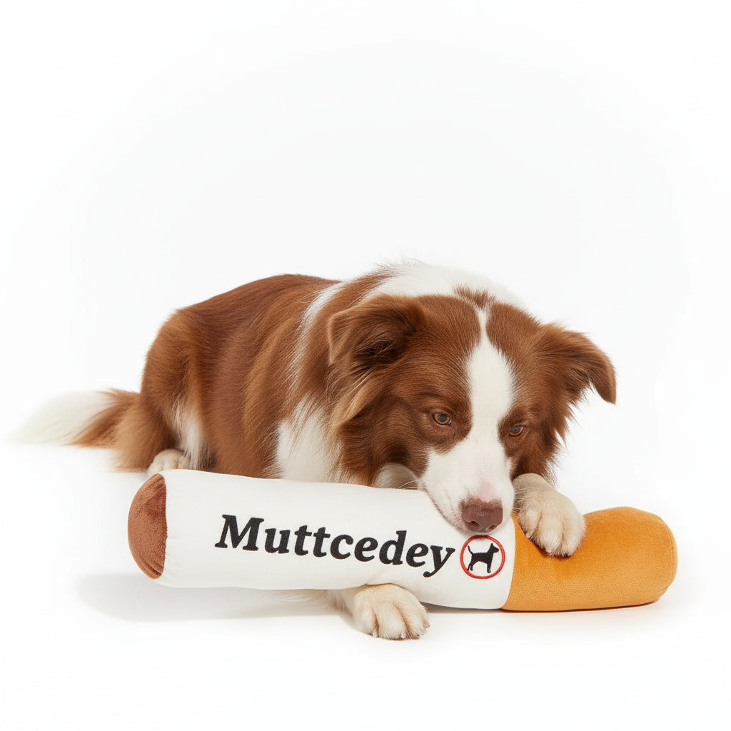 犬用シガーぬいぐるみおもちゃ（Petopop製）を噛む茶色の犬が、木製の床に横たわっている。