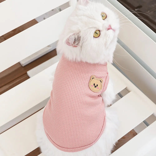 ピンク色の猫用サマーベスト（ワッフルベア柄ペット服）by Petopop、テディベアのアップリケが付き。