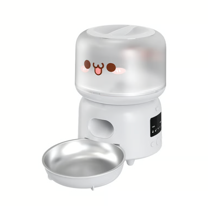 猫と小型犬用のスマート自動給餌器3L、petopop.live製、かわいい顔のデカール付き。