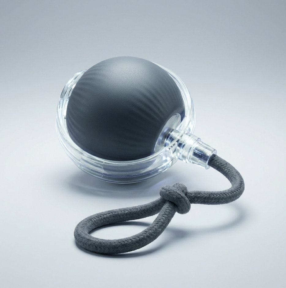 フェイクテイル付き猫犬兼用スマートおもちゃ、Petopop製、クリアな球体ケース入り、結び目のあるグレーのロープ付き