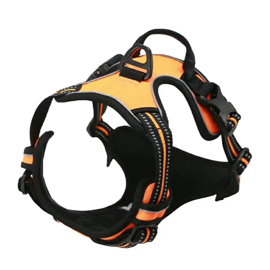 Orange and black dog harness with padded chest panel, reflective stripes, and control handle, featuring dual safety buckles and adjustable straps, side view.