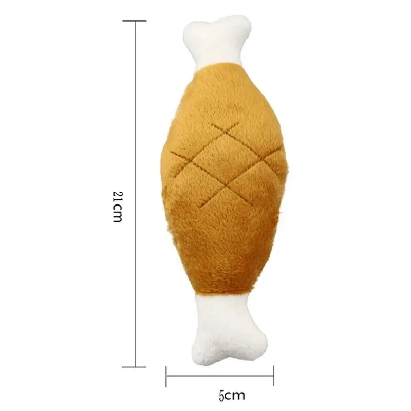 犬猫用骨型スクイークトイ（Petopop製）の、茶色と白のぬいぐるみ素材、寸法を示す矢印付き