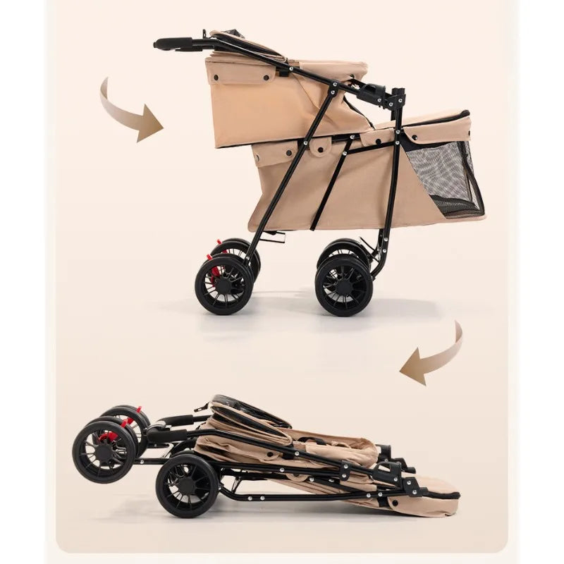 ベージュのペット用ベビーカー（折りたたみ式）がPetopopから、使用時と折り畳み時の状態が示されている