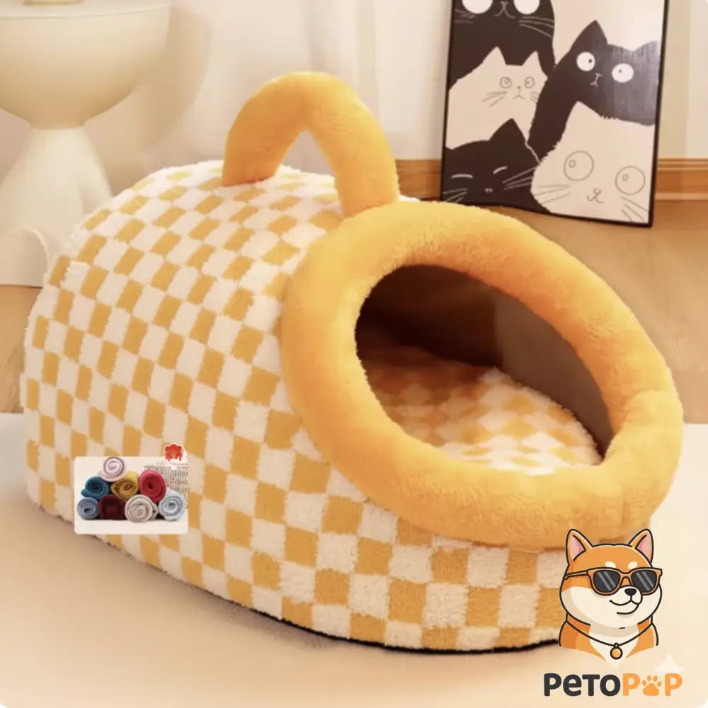 チェック柄のテント型ペットハウス（犬猫用）by PetoPop、暖かい冬用ベッドと隠れ家