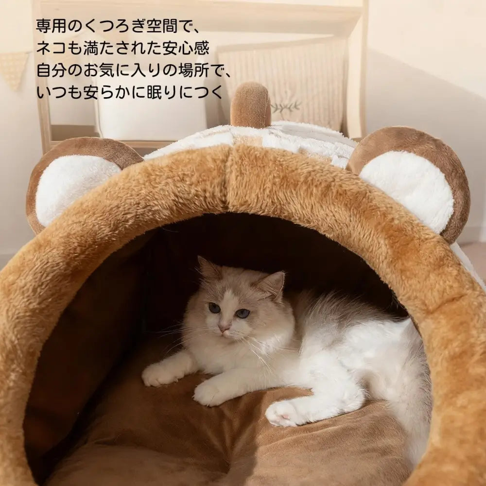 テント型ペットハウス あったか素材 by PetoPop, ブラウンのクマ耳付きデザイン、猫がくつろぐ様子