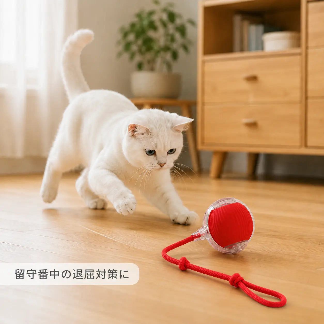 白い猫が室内で赤い自動転がりボールおもちゃを追いかけている様子