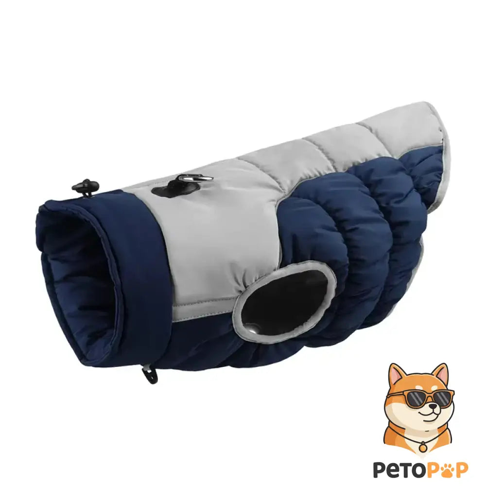 ネイビーとグレーの犬用ジャケット（冬用コート） - PetoPop製、キルティング加工、穴あきデザイン。