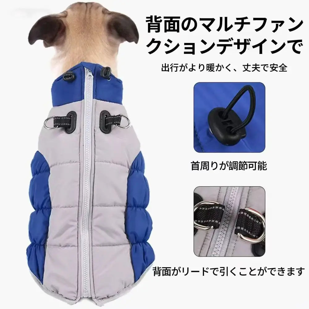 犬用防水防寒ジャケット（冬用コート）by PetoPop、ブルーとグレーの切り替え、背面にファスナーとハーネス用リング付き