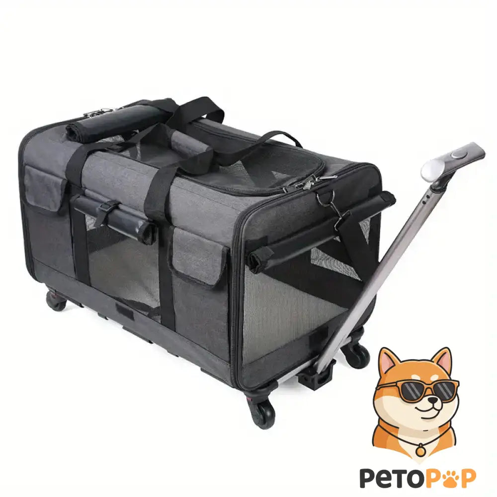 グレーの大型ペット用キャリートロリーケース（折りたたみ式、取り外し可能）by Petopop、犬猫兼用、メッシュ窓付き。